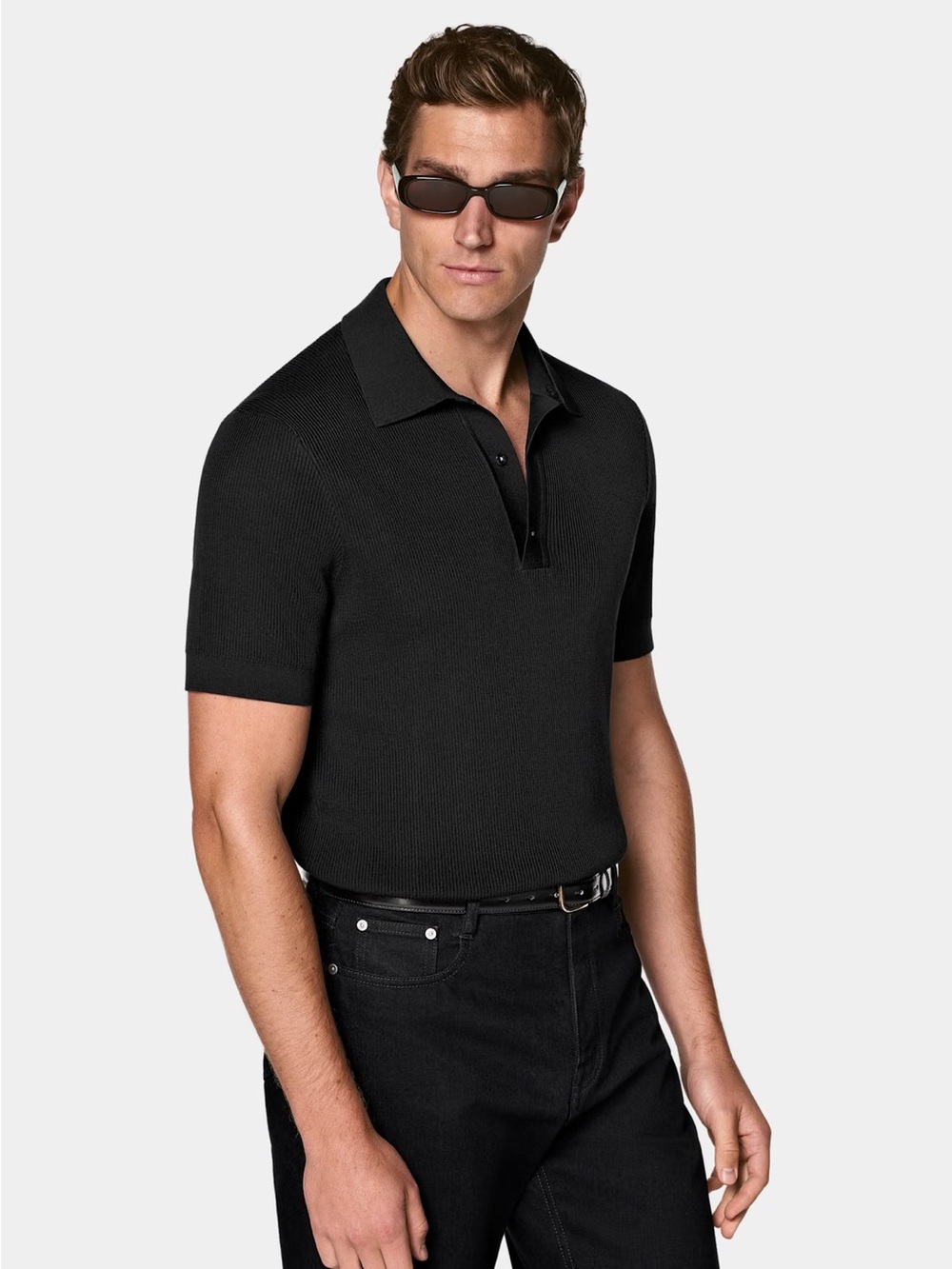 Suitsupply Black Short-Sleeve Polo Knit